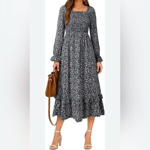 Floral Navy and White Long Sleeve Dress